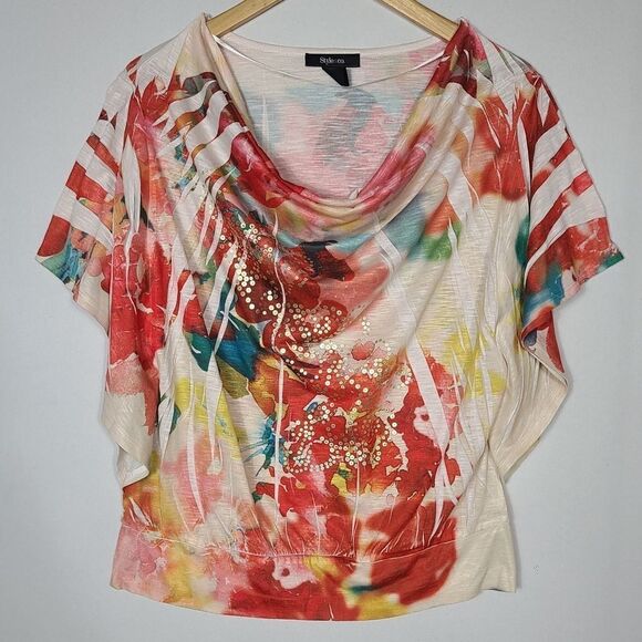 Style & Co Multi Color Scoop Neck Blouson Top - Picture 8 of 11